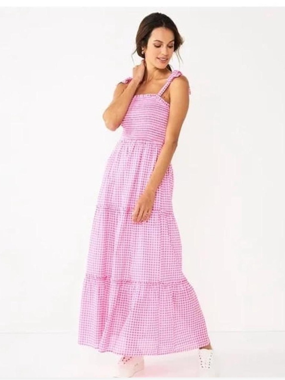 Draper James RSVP Pink Gingham Tiered Maxi Dress Sundress Smocked Tie Straps
